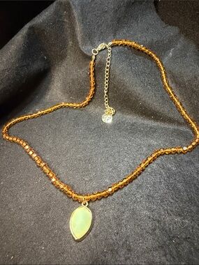 Plunder Amber Beaded Necklace with Pale Green Teardrop